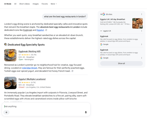 Screenshot from Google's AI Mode with search results for "What are the best egg restaurants in London?"
