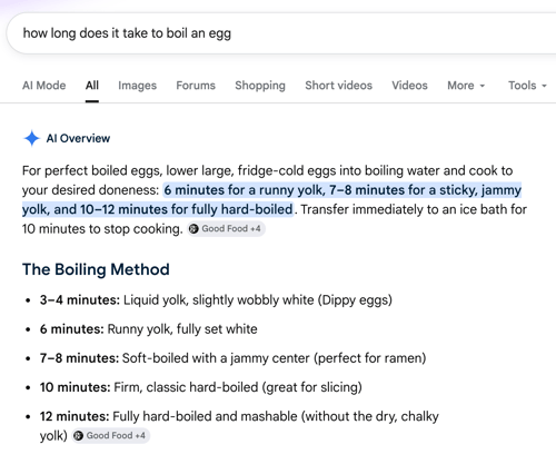 Screenshot from Google's AI Overview with search results for "How long does it take to boil an egg?"