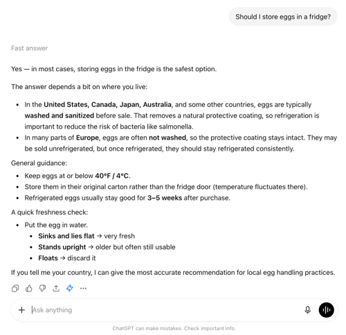 Screenshot from ChatGPT with search results for "Should I store eggs in a fridge?"