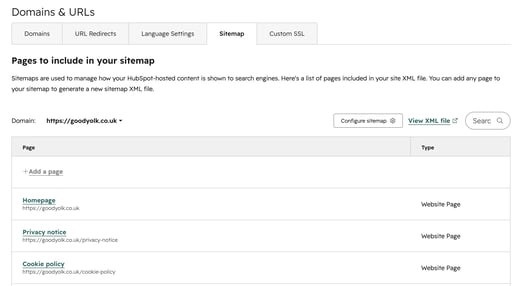 Screenshot from HubSpot showing a sitemap location in the "Domains &amp; URLs" section.