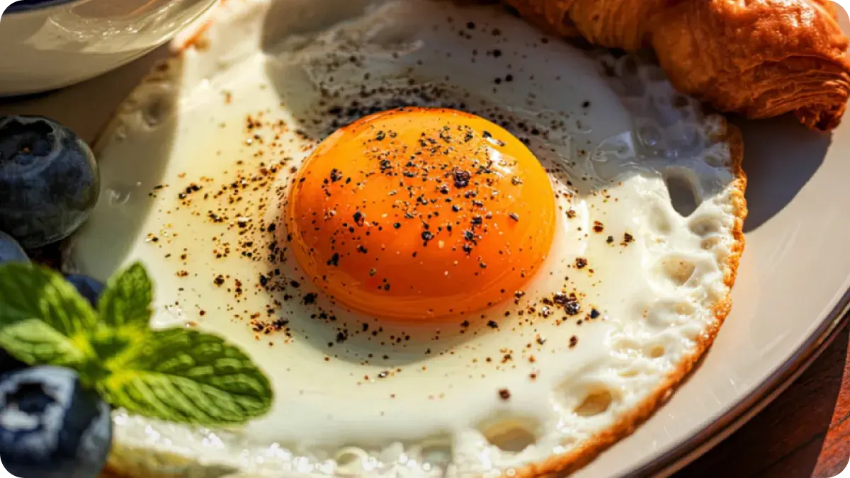 Fried egg and a croissant on a plate.