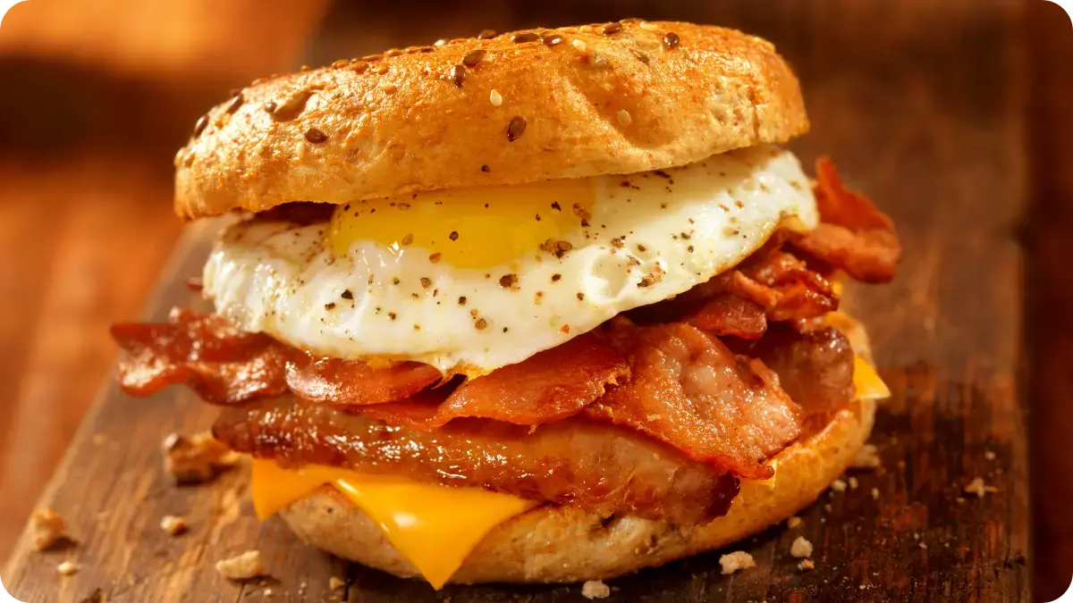 Egg, bacon, sausage and cheese bagel. Egg, bacon, sausage and cheese bagel.