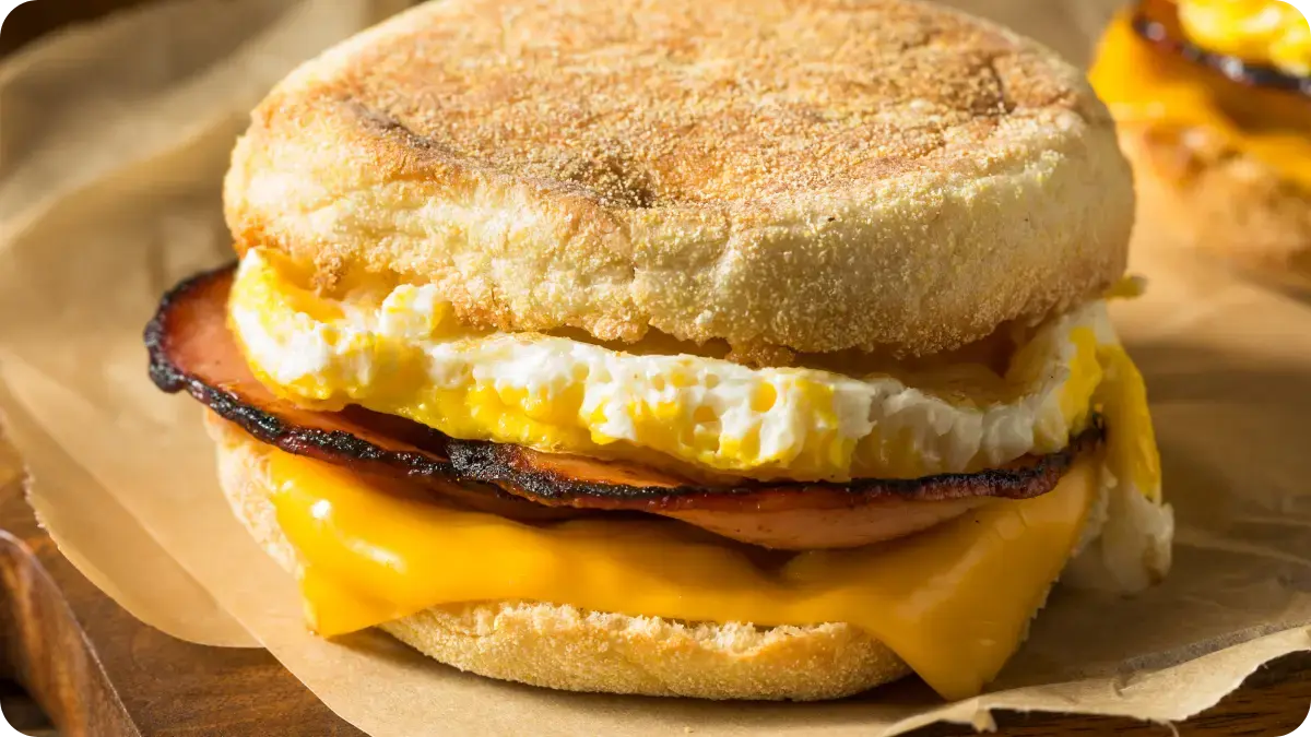 An English muffin filled with cheese, bacon and an egg. An English muffin filled with cheese, bacon and an egg.