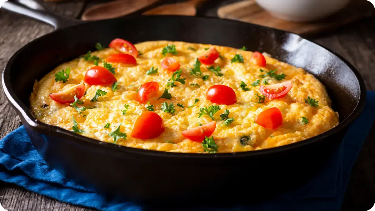 An omelette topped with chopped cherry tomatoes in a skillet.