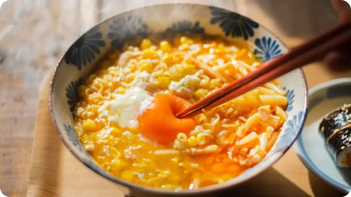 Noodles in a floral bowl with chopsticks popping the yolk of an egg.