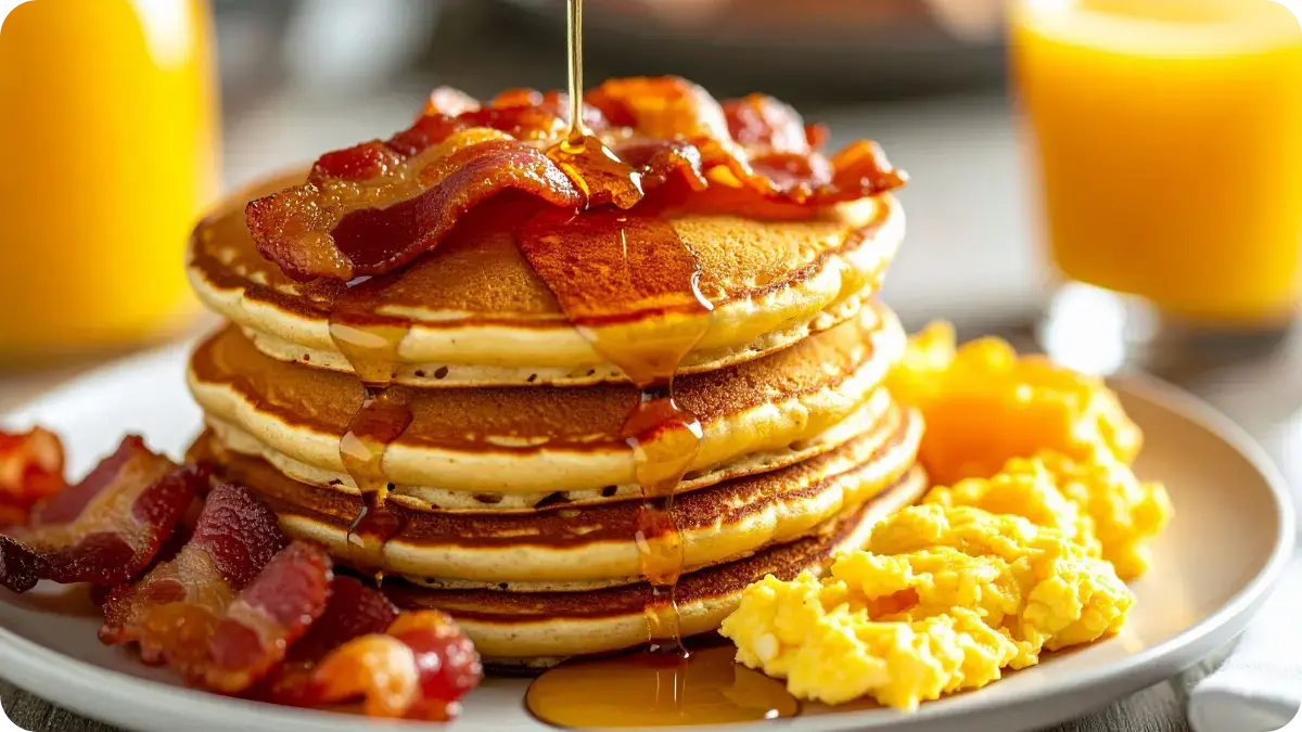 A stack of pancakes with bacon and scrambled eggs. A stack of pancakes with bacon and scrambled eggs.
