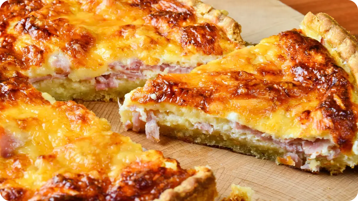 A slice of quiche lorraine.