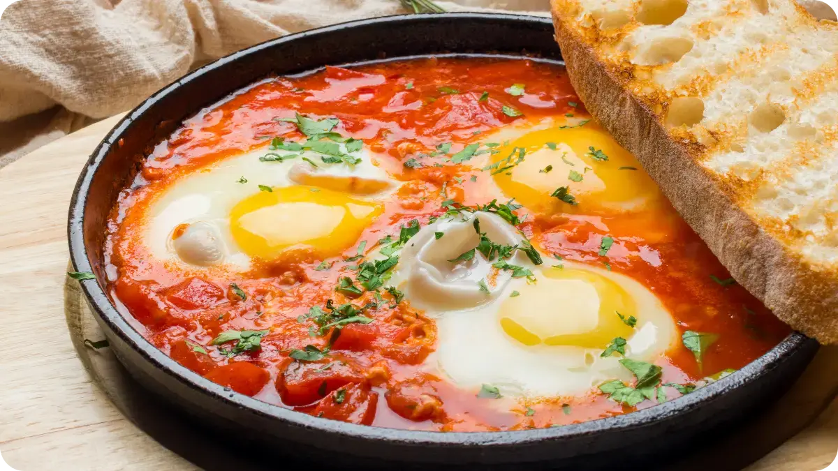 A dish of tomatoes topped with fried eggs. A dish of tomatoes topped with fried eggs.