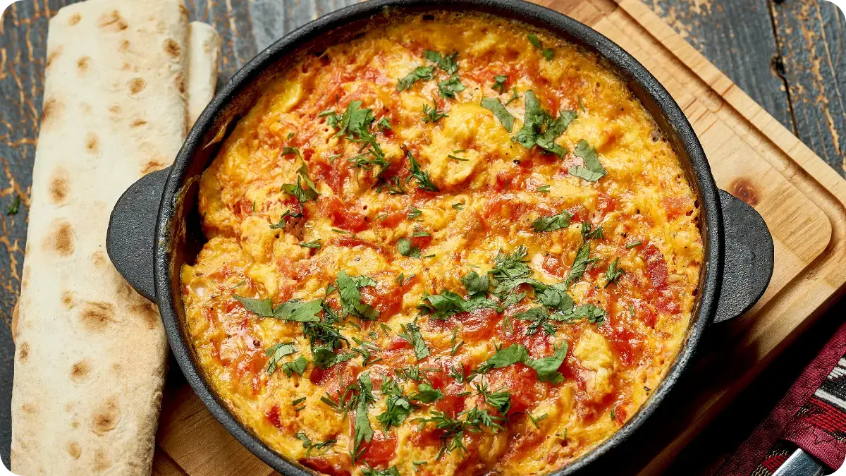 Turkish eggs in a skillet. Turkish eggs in a skillet.